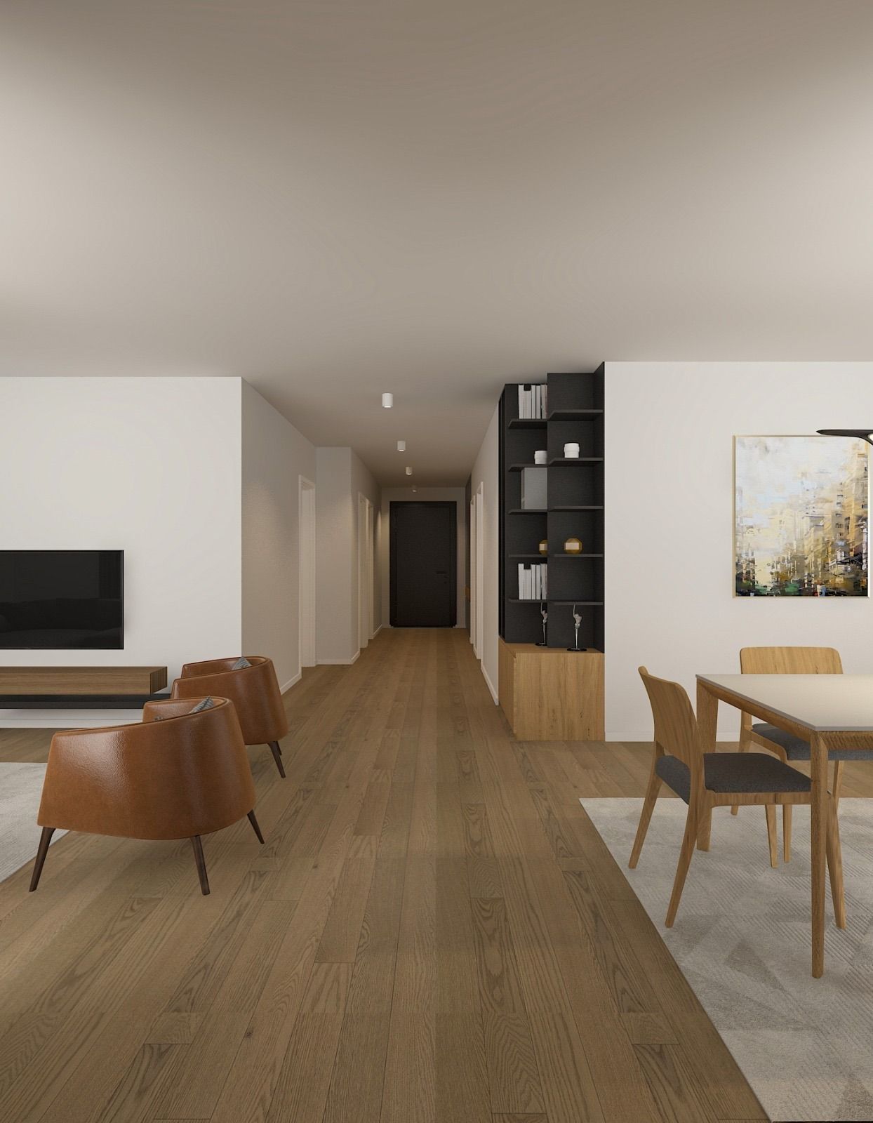 Salon-salle à manger moderne avec parquet, chaises marron et un couloir menant à l'arrière