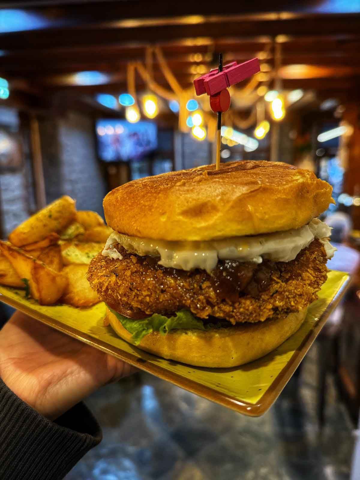 Una persona sostiene un plato de comida con una hamburguesa y papas fritas encima.