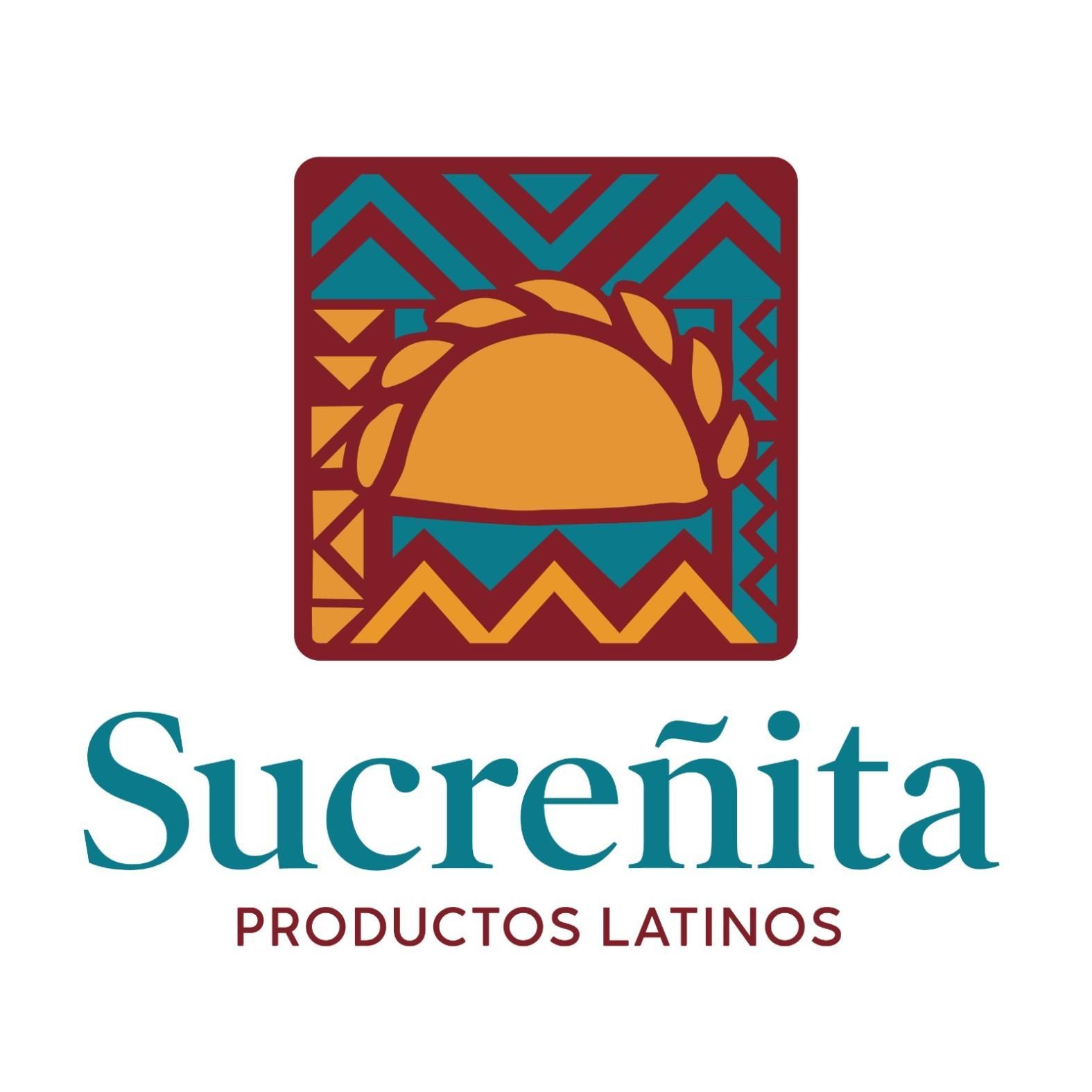 Logotipo para Sucre&ntilde;ita Productos Latinos: marco cuadrado con &iacute;cono de empanada; texto verde azulado.