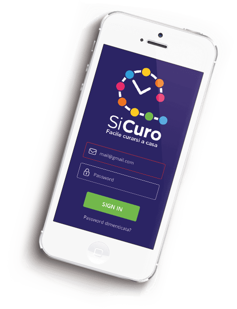 Smartphone bianco che mostra la schermata di accesso all'app Sicuo su sfondo viola con un pulsante di accesso verde.