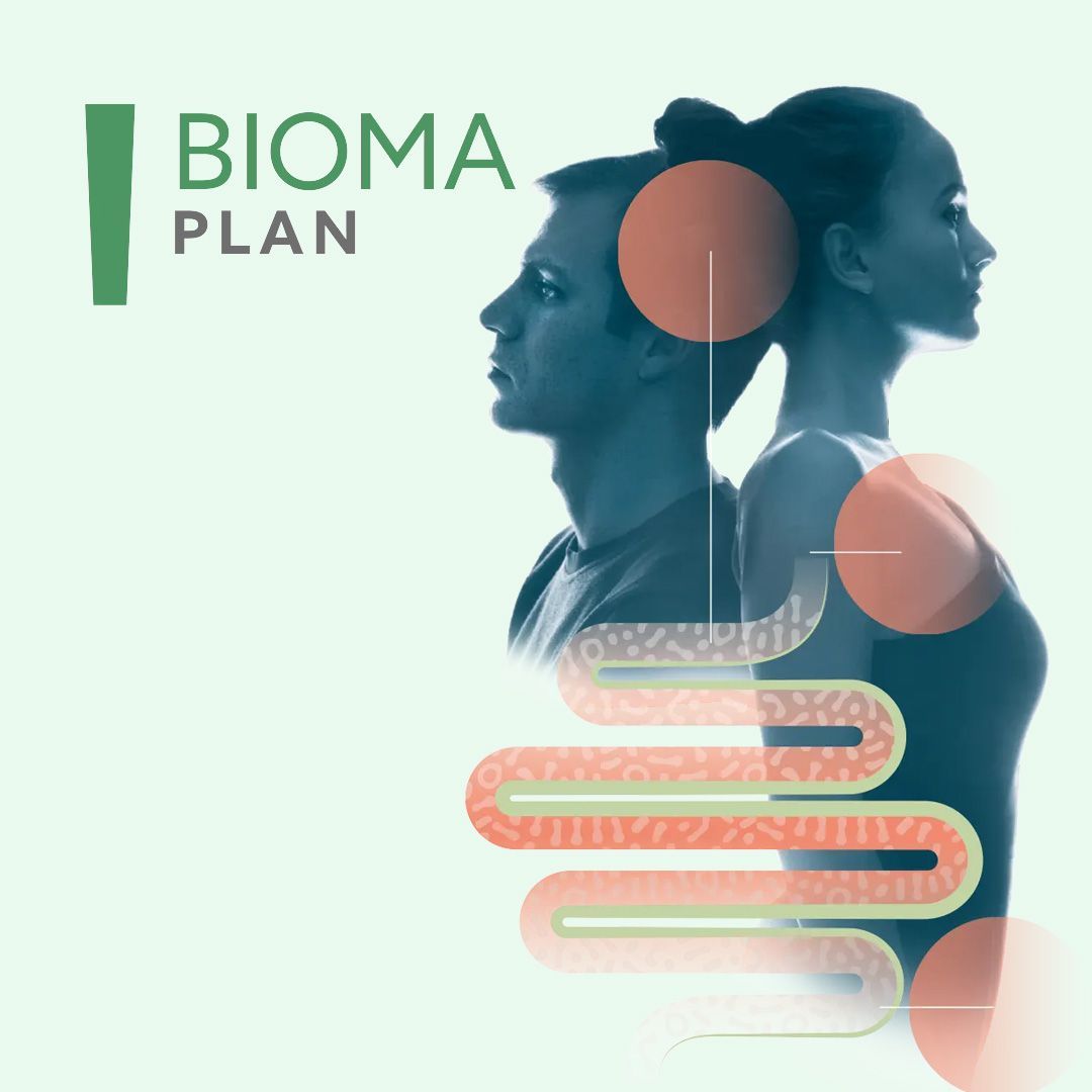 Logo BIOMA PLAN con due profili sui toni del blu e una grafica stilizzata dell'apparato digerente su sfondo verde chiaro.