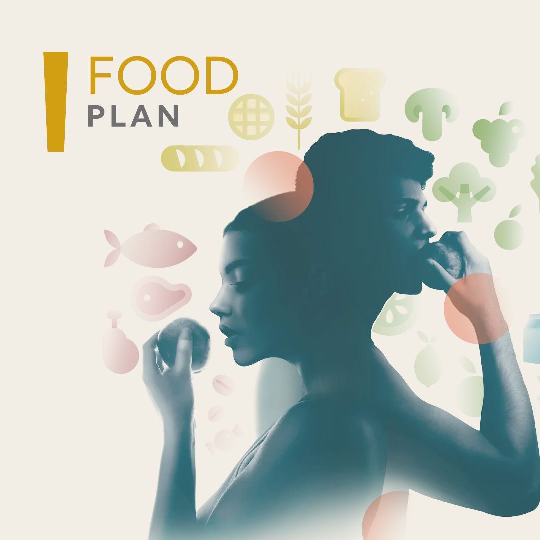 Illustrazione grafica di un piano alimentare con la sagoma di una persona, frutta, pesce e cereali in colori pastello.