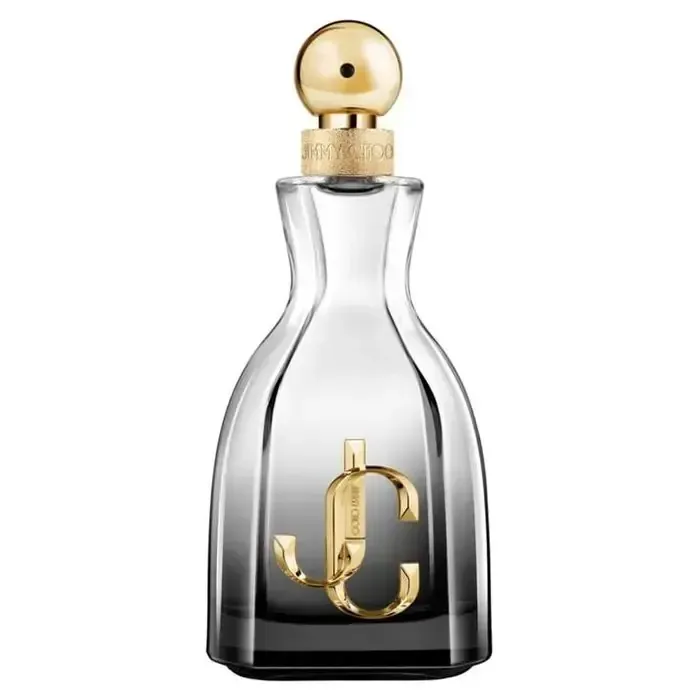 Una botella de perfume Jimmy Choo con tapón dorado.