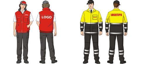 Un hombre con un chaleco rojo y un hombre con una chaqueta amarilla con la palabra logo en la espalda.