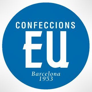 Un círculo azul que dice 'confeccions eu barcelona 1953'