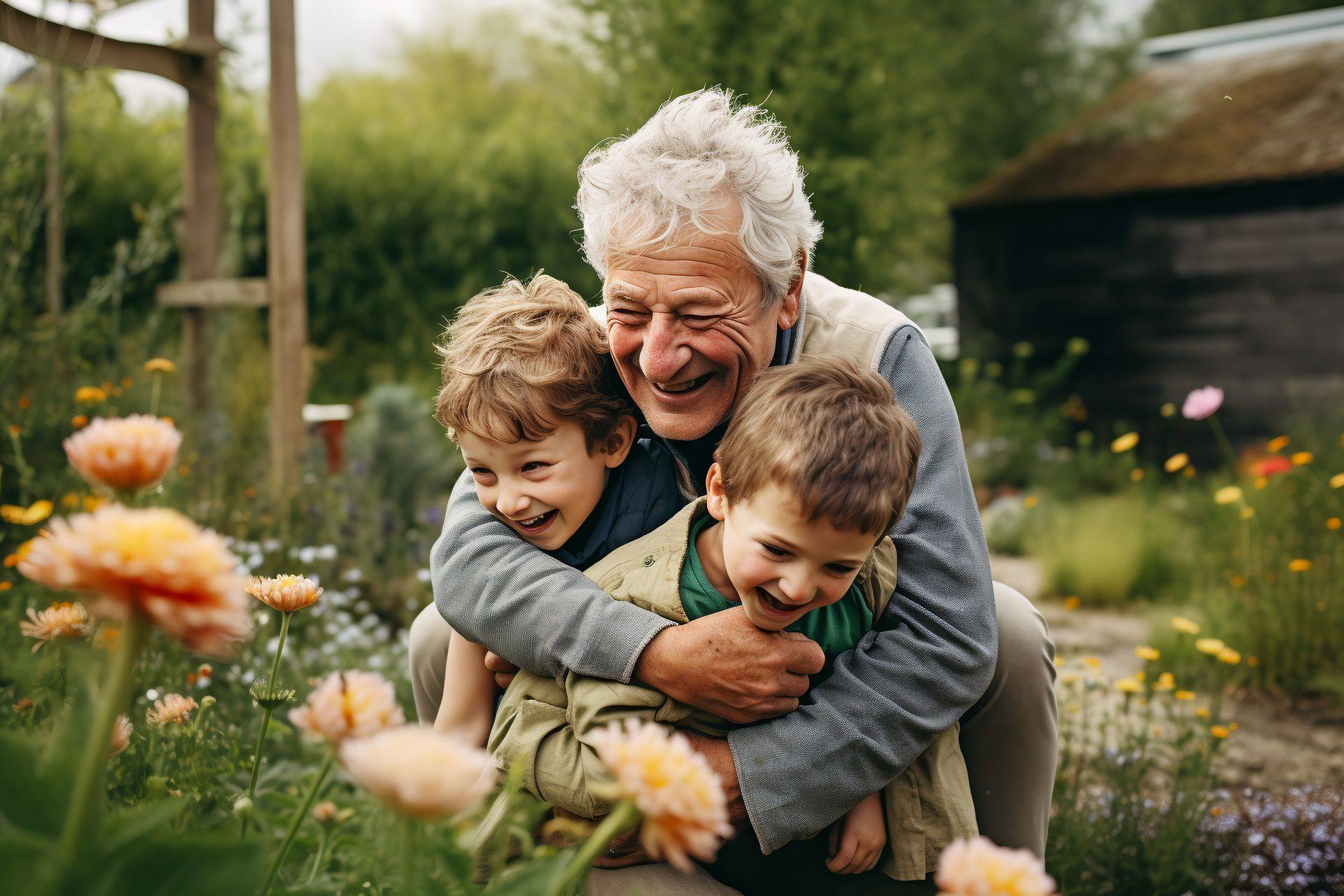 Grand-père et ses petits enfants dans le jardin