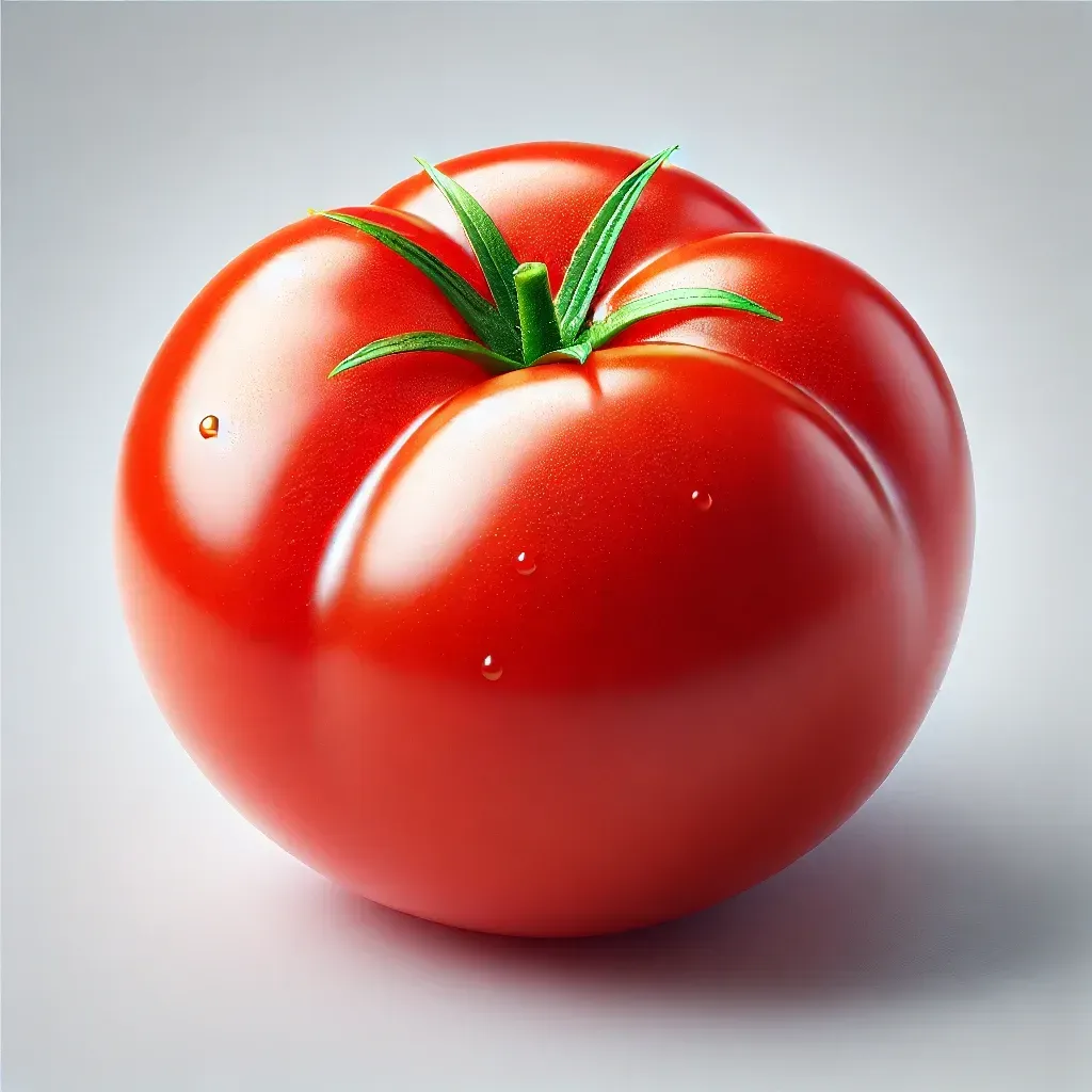 Un tomate rojo grande con un tallo verde sobre un fondo blanco.