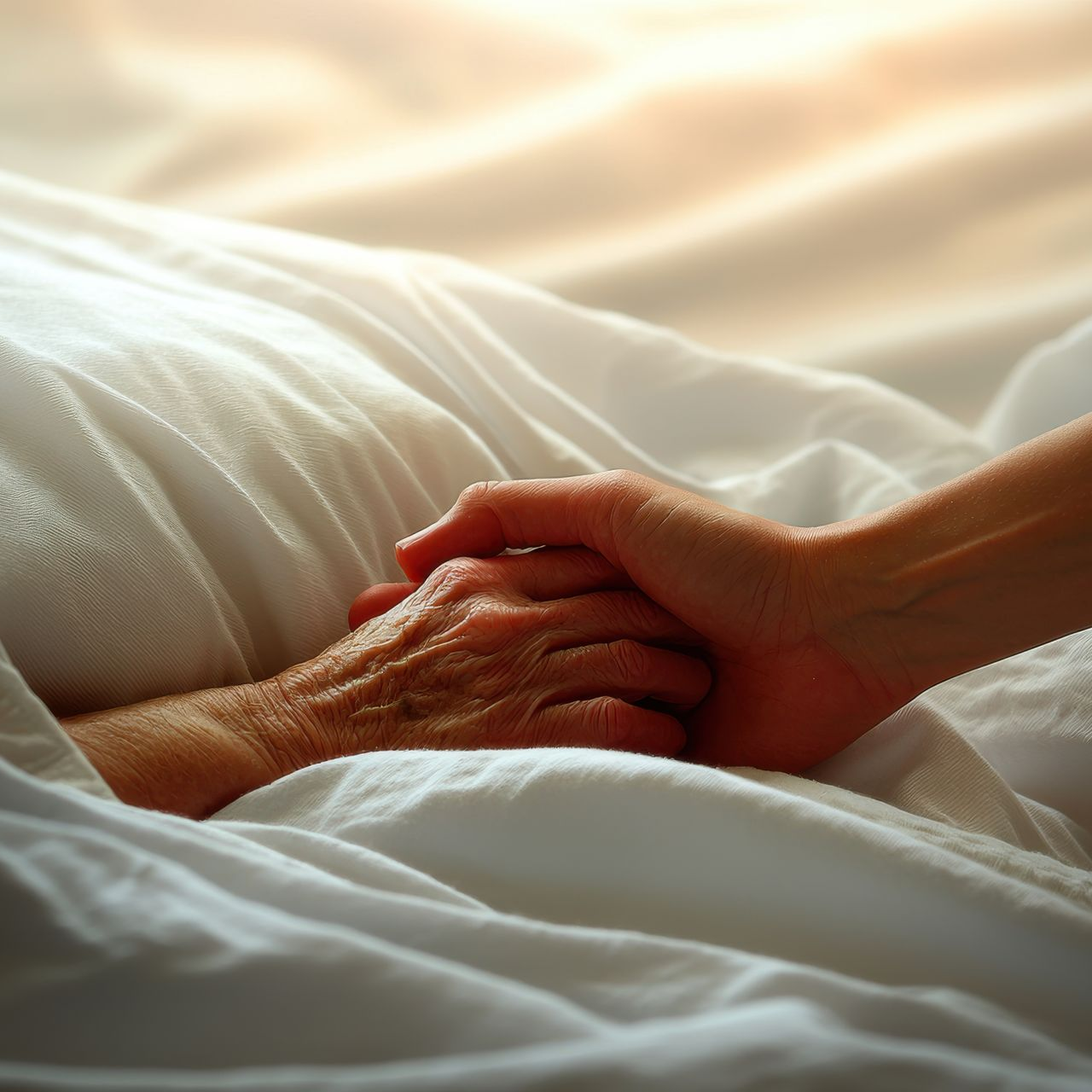Main serrant une main ridée sur une literie blanche dans une douce lumière chaude