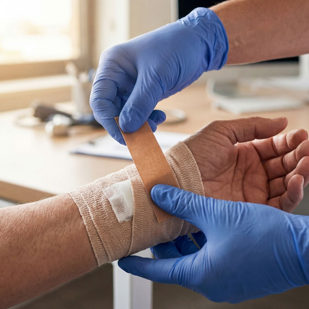 Des mains gantées enroulent un bandage beige autour d'un poignet, une compresse de gaze blanche étant posée sur une table.