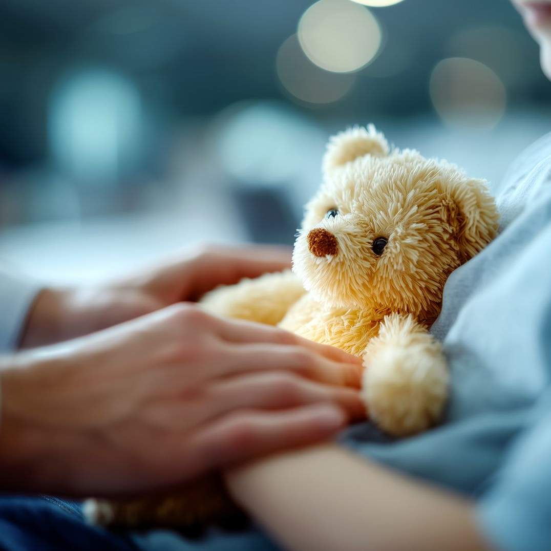 Des mains tenant délicatement un petit ours en peluche sur un lit, arrière-plan bleu flou.