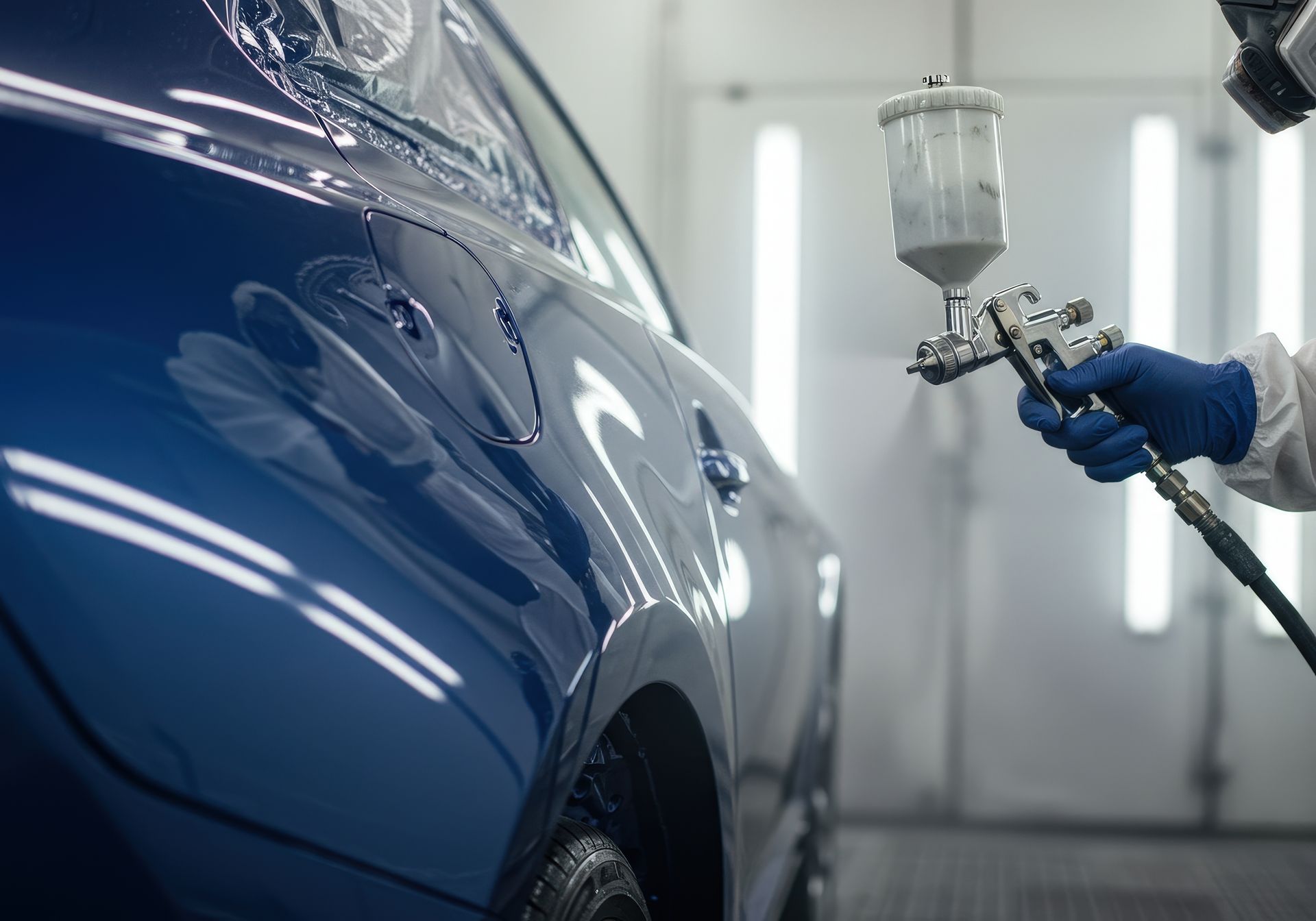 Une personne pulvérise de la peinture sur une voiture dans une cabine de peinture