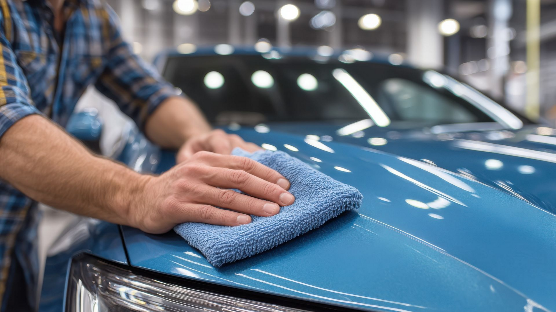 Un homme essuie le capot d'une voiture bleu sarcelle avec un chiffon