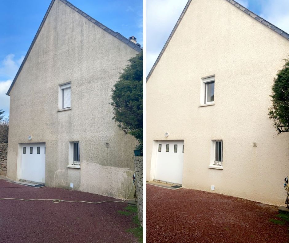 Comparaison avant et après nettoyage de la façade d'une maison.