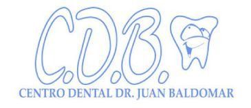 Logotipo del Centro Dental Dr. Juan Baldomar en azul claro con un diente estilizado y las iniciales &ldquo;CDB&rdquo;.