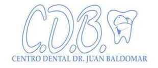 Logotipo del Centro Dental Dr. Juan Baldomar en azul claro con un diente estilizado y las iniciales &ldquo;CDB&rdquo;.