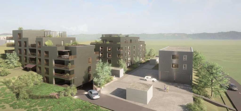 Eine architektonische 3D-Visualisierung zeigt moderne, dunkel getönte Wohngebäude mit Balkonen, umgeben von Bäumen und einer Straße.