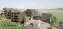 Eine architektonische 3D-Visualisierung zeigt moderne, dunkel getönte Wohngebäude mit Balkonen, umgeben von Bäumen und einer Straße.