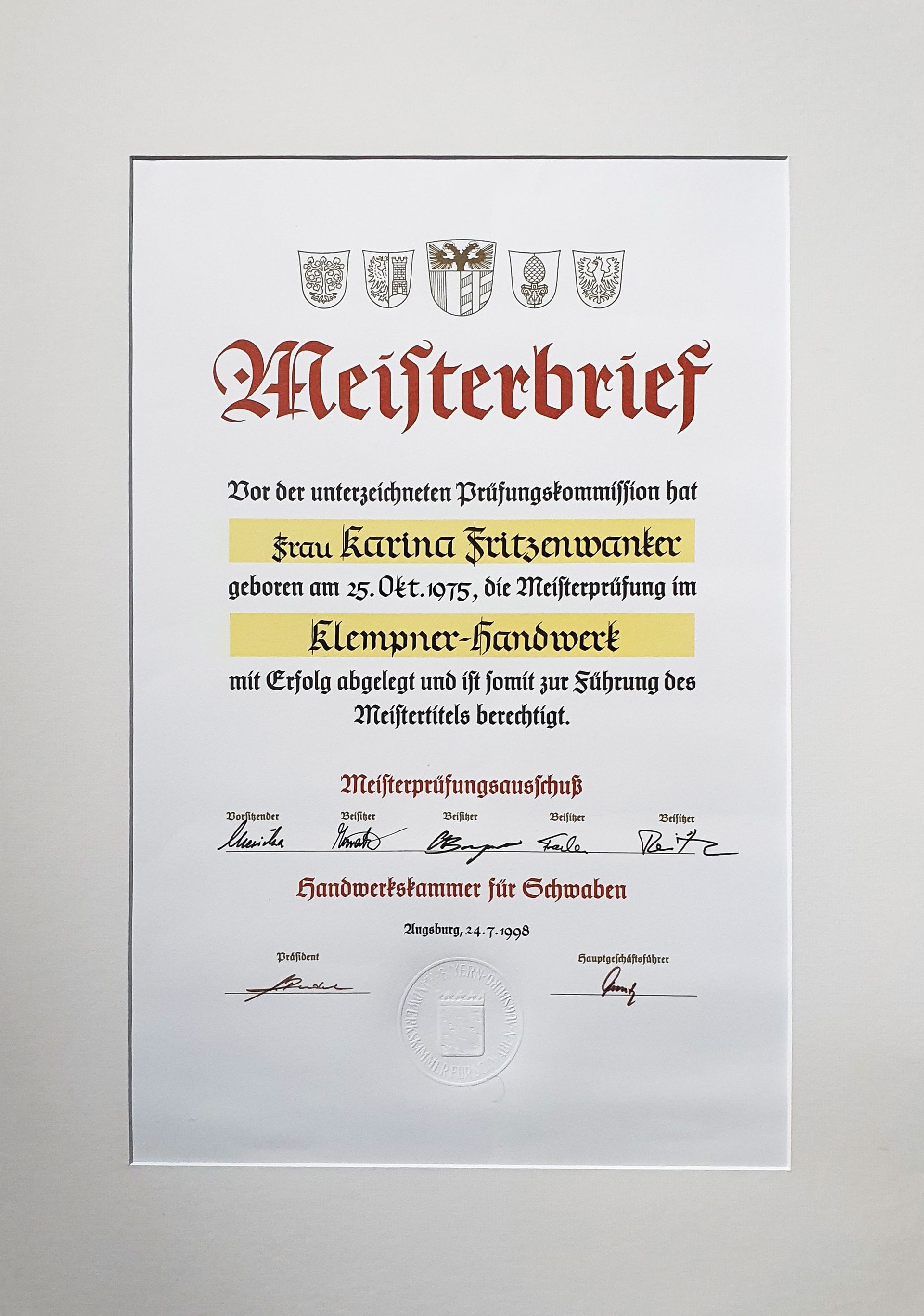 Meisterbrief Klempner / Spengler