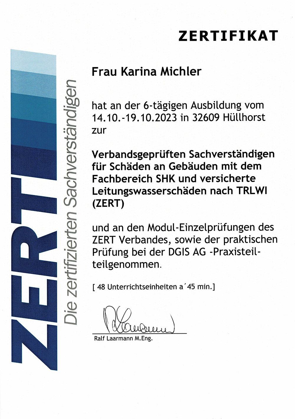 Zertifikat Verbandsgeprüfte Sachverständige für Schäden an Gebäuden