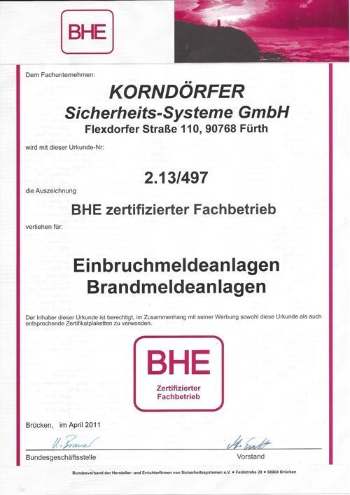 Certificate from KORNDÖRFER Sicherheits-Systeme GmbH, Fürth. Certified for burglar and fire alarm systems. BHE logo.