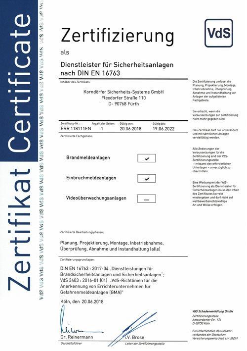 VdS-Zertifikat für Sicherheitssysteme, deutscher Text. Listet Firmendetails, Gültigkeitsdaten und Zertifizierungsbereiche auf.