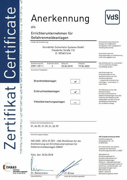 Certificate from VdS (Verband der Schadenversicherer) for fire alarm systems.