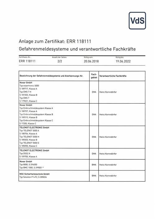 Zertifikat für Brandmeldeanlagen und Fachkräfte, VdS-Logo oben, mit Tabelle der zertifizierten Produkte.