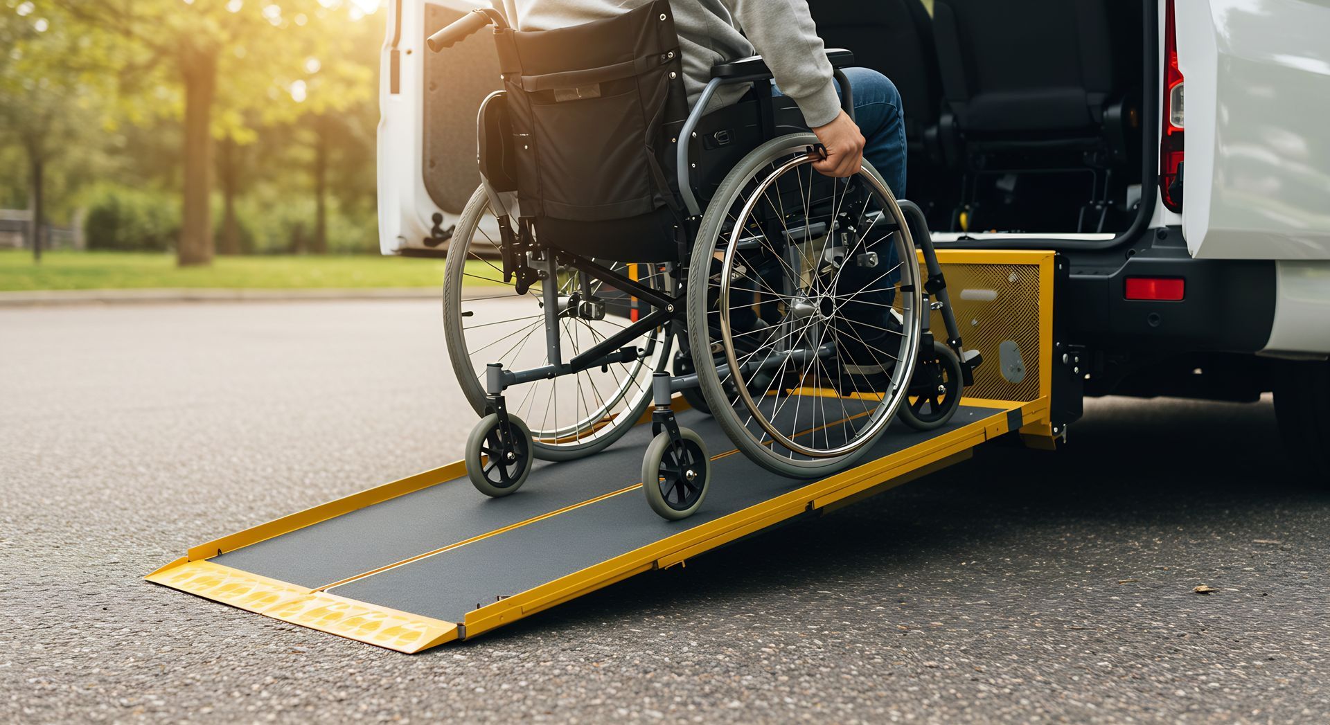 Un homme dans un fauteuil roulant montant dans un véhicule grâce à une rampe