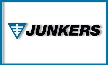 Logotipo de Junkers: Triángulo azul con líneas verticales, texto "JUNKERS" en negro.