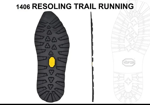 Una imagen de la suela de un zapato que dice 1406 resolviendo trail running