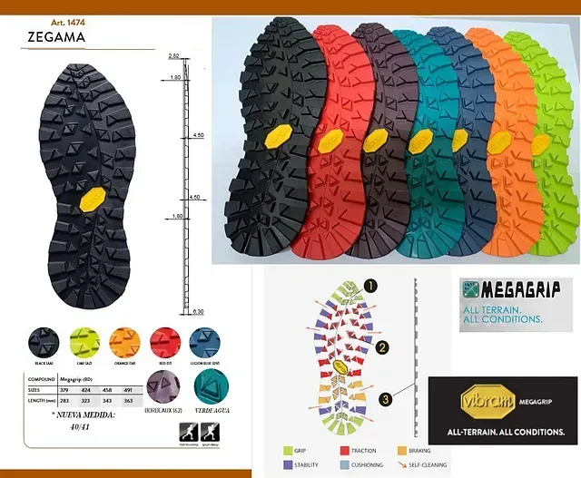 Una imagen de un zapato con suela de goma Vibram.