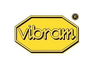 El logotipo de Vibram es amarillo y negro sobre un fondo blanco.