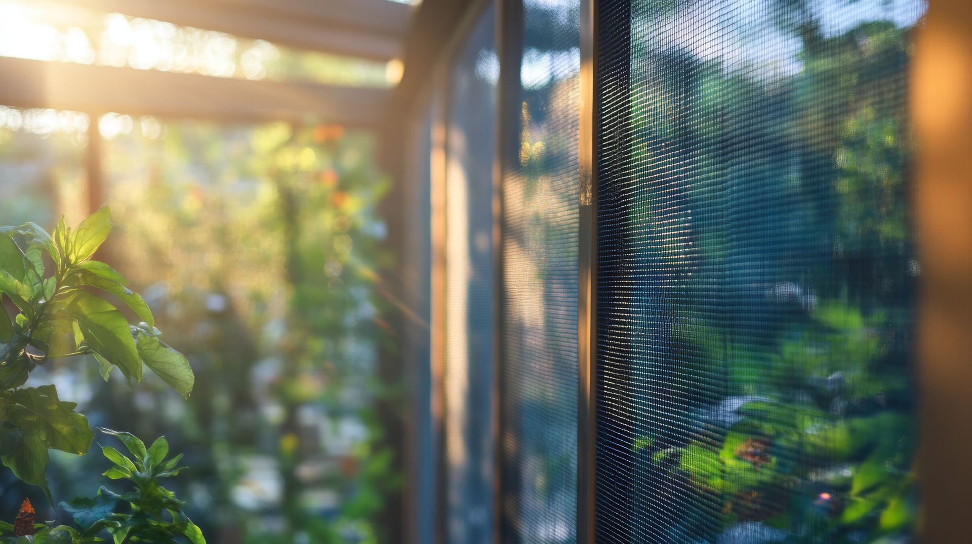 Jardin ensoleillé vu à travers un écran grillagé, avec un feuillage vert et une douce lueur dorée.