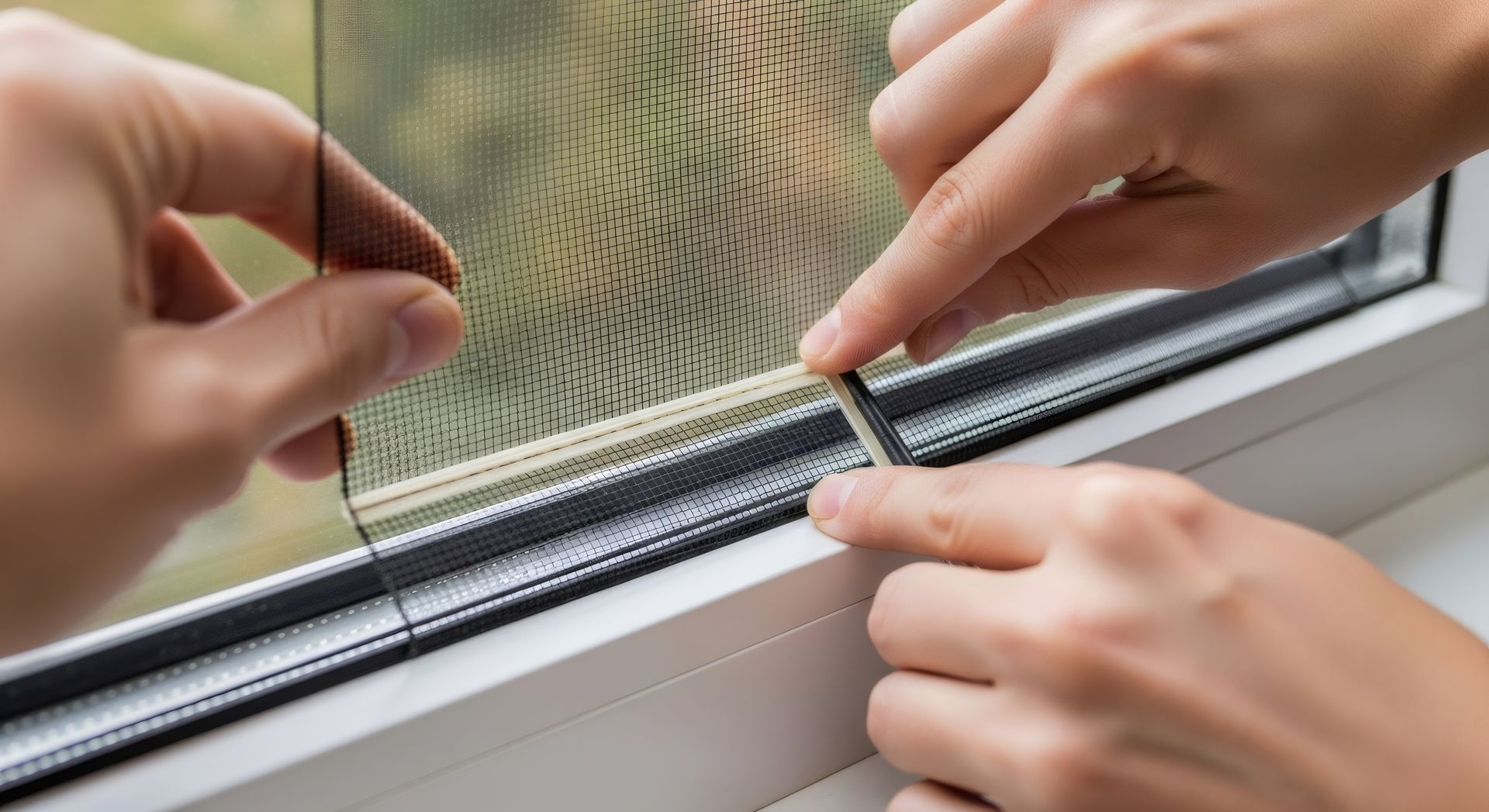 Mains fixant une moustiquaire à un cadre de fenêtre à l'aide d'un outil de mesure.