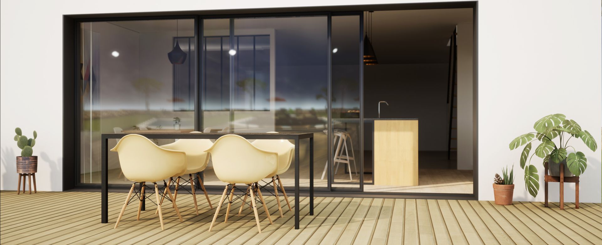 Patio moderne avec deux chaises couleur crème, portes vitrées et plantes en pot sur une terrasse en bois