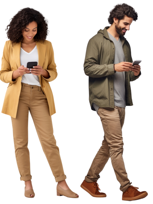 Deux personnes en tenue décontractée marchent en regardant leurs smartphones.