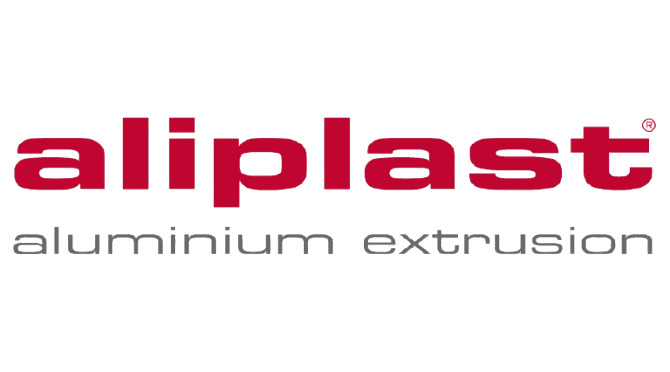 Logo Aliplast avec texte rouge et slogan gris extrusion d'aluminium sur fond blanc