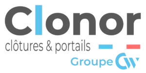 Logo du groupe Clonor Clôtures & Portails en noir, bleu et rouge sur fond blanc