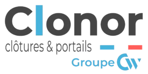 Logo Clonor en noir, bleu et rouge avec le texte clôtures & portails Groupe.
