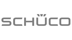 Logo Schüco en noir avec un tréma sur le U sur fond blanc