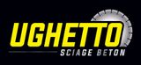 Logo d'UGHETTO SIEGE, texte jaune sur fond noir, graphique d'une lame de scie.