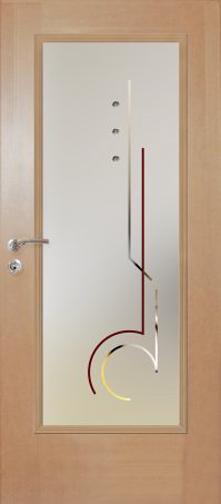 Eine Holztür mit einem Buntglasmuster darauf