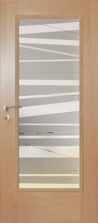 Eine Holztür mit einem gestreiften Glasmuster darauf.