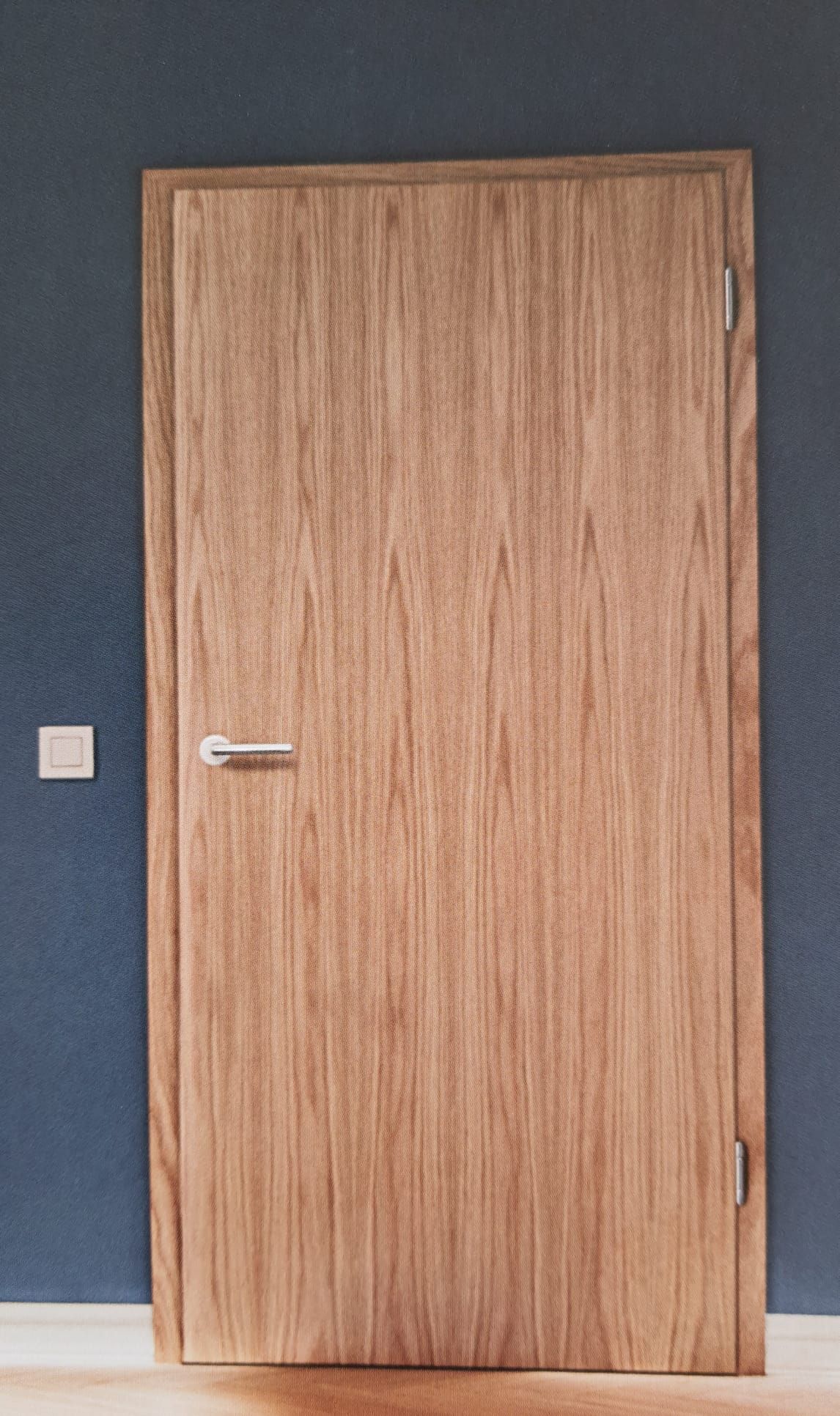 Vor einer blauen Wand in einem Raum steht eine Holztür.