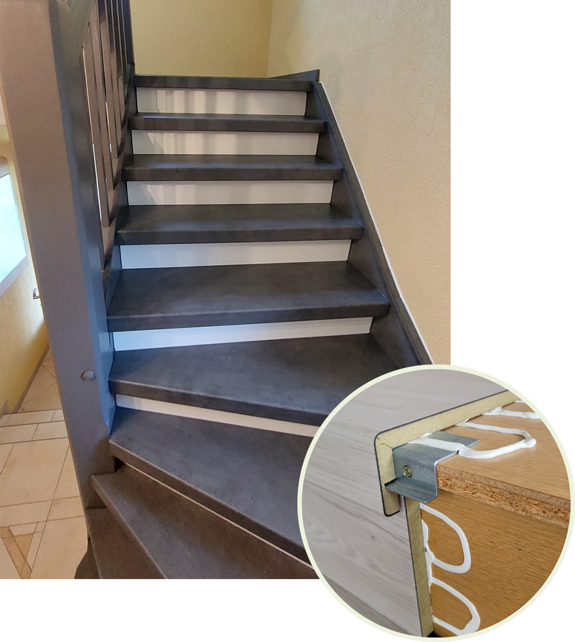 Ein Bild einer Treppe mit einem Bild vom unteren Ende der Treppe
