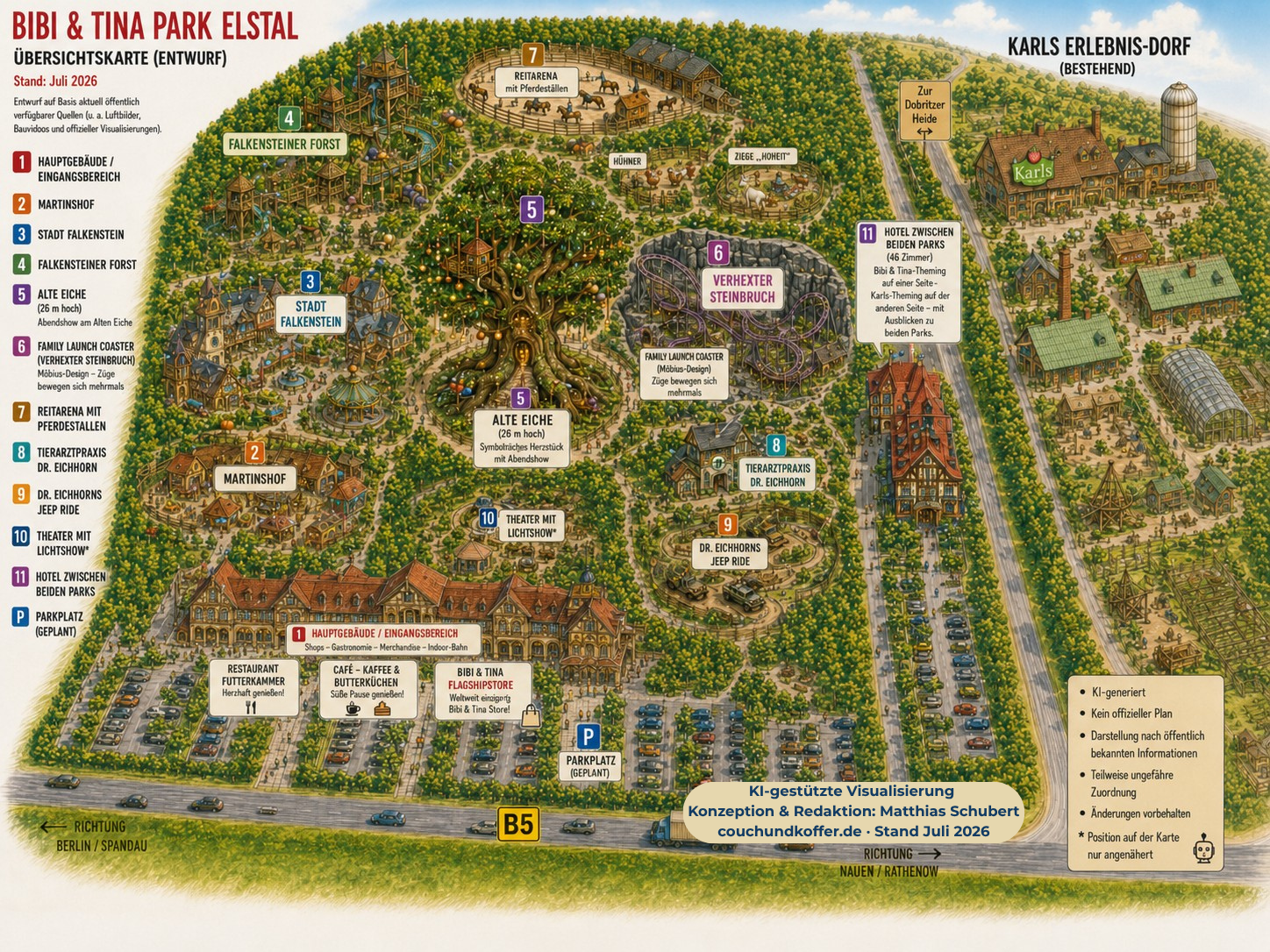 KI-gestützte Übersichtskarte zum geplanten Bibi-&-Tina-Freizeitpark in Elstal bei Berlin, Stand Juli 2026