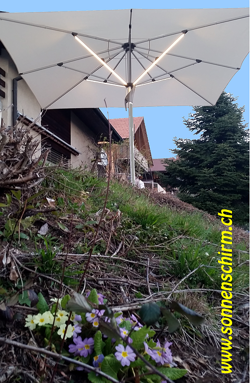 Gartenschirm mit Häusern im Hintergrund