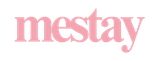 Pink &ldquo;mestay&rdquo; logo in lowercase serif text