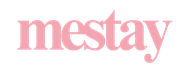 Pink &ldquo;mestay&rdquo; logo in lowercase serif text