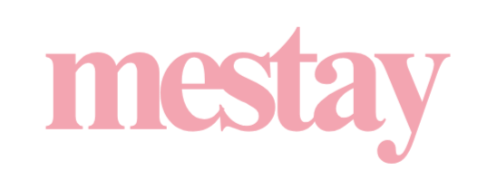 Pink &ldquo;mestay&rdquo; logo in lowercase serif text